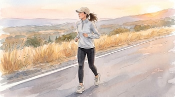 Ilustración acuarela de una mujer con gorra y ropa deportiva caminando en una carretera rural. El fondo muestra colinas onduladas y cielo matutino.
