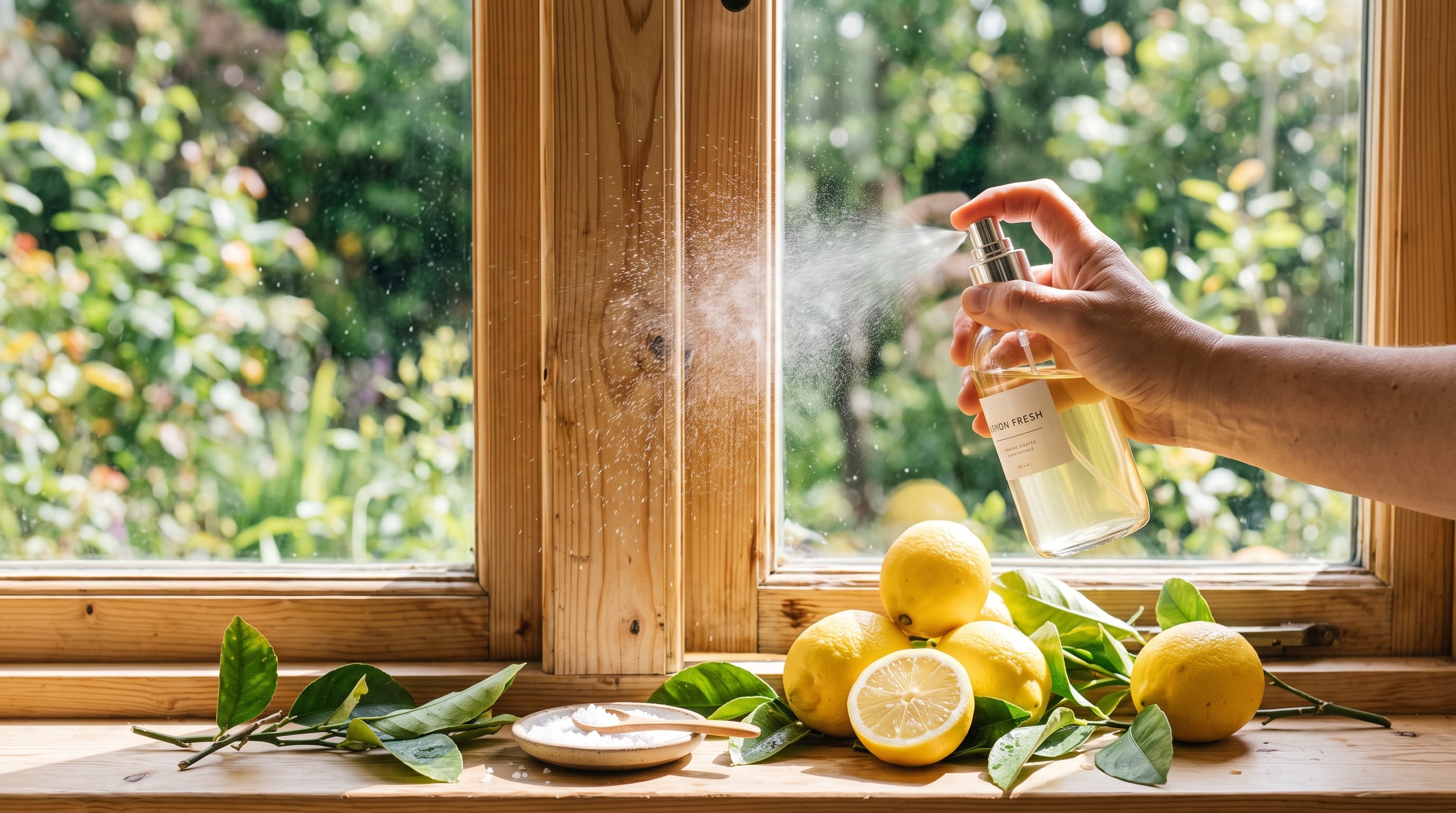 Una mano rocía un producto con aroma a limón junto a una ventana de madera iluminada por la luz natural. (Imagen Ilustrativa Infobae)