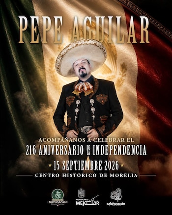 Pepe Aguilar viste un traje de charro y sombrero frente a la bandera de México en un cartel publicitario con texto sobre fondo oscuro
