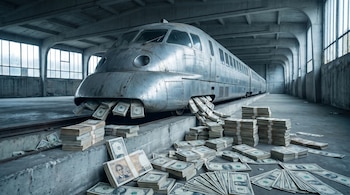 Un Aérotrain plateado estacionado en un hangar vacío de hormigón, rodeado por montones y fajos de billetes de francos franceses y dólares estadounidenses dispersos en el suelo.