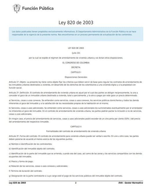 La Ley 820 de 2003 estableció el Régimen de Arrendamiento de Vivienda Urbana - crédito Función Pública
