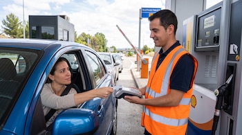 Una mujer dentro de un coche azul entrega una tarjeta a un empleado con chaleco reflectante que sostiene un datáfono.