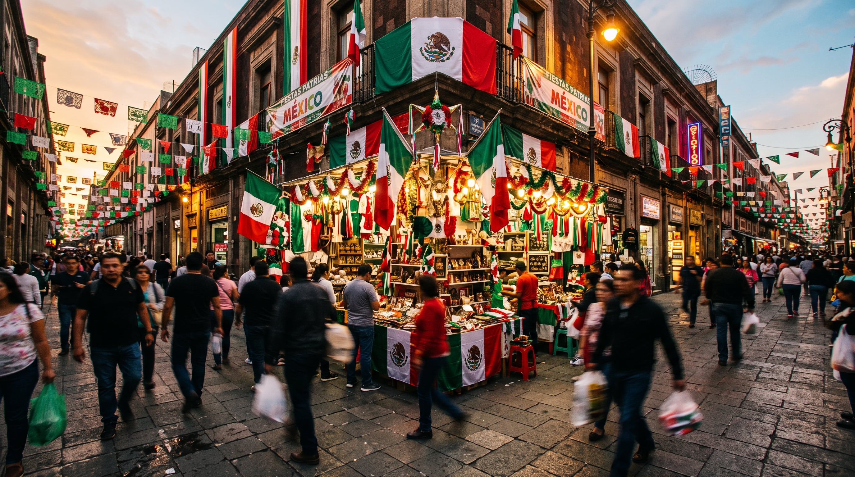 Un puesto de artículos patrios atiende a transeúntes en una calle peatonal del Centro Histórico de la Ciudad de México. (Imagen Ilustrativa Infobae)