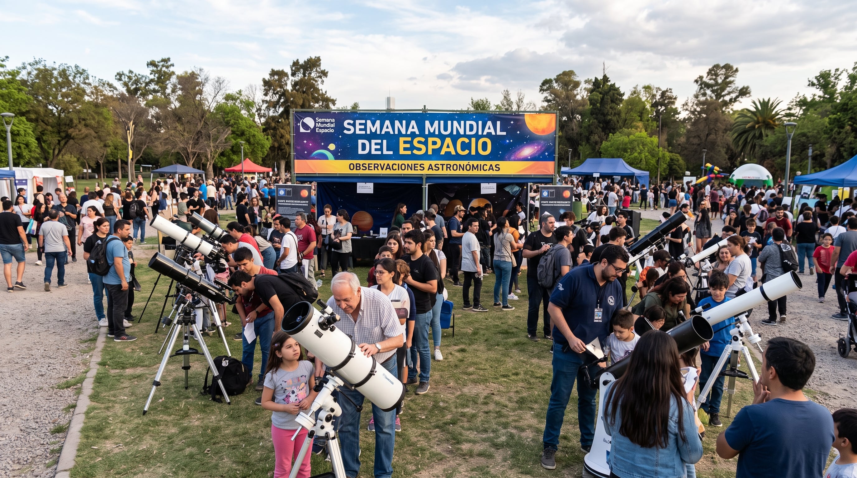Varias personas realizan observaciones astronómicas con telescopios en un parque durante la celebración de la Semana Mundial del Espacio. (Imagen Ilustrativa Infobae)