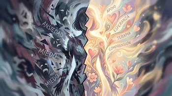 Ilustración dividida: lado izquierdo oscuro con 'Ansiedad' y 'Miedo'; lado derecho claro con 'Apoyo', 'Esperanza', 'Terapia' y 'Comprensión' entre flores.