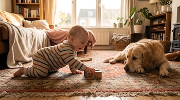 Un bebé con mameluco a rayas gatea sobre una alfombra, sostiene un bloque de madera. Un perro golden retriever está echado a su lado.