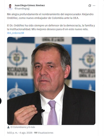 El expresidente del Congreso Juan Diego Gómez Jiménez rechazó el nombramiento de Alejandro Ordóñez como embajador ante la OEA - crédito @Juandiegogj/X