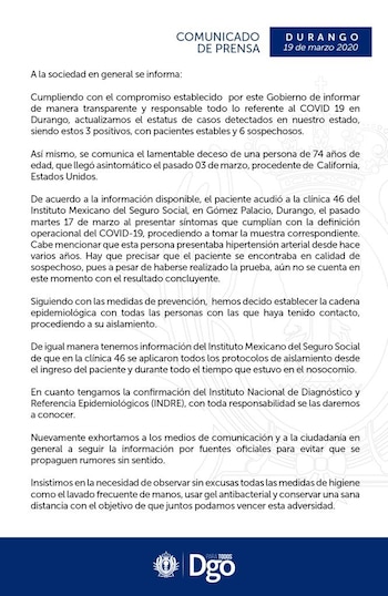 Comunicado de prensa Durango COVID-19