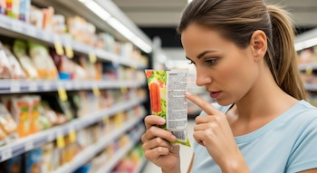 Una mujer con cabello recogido mira atentamente la etiqueta de ingredientes en un empaque de paleta helada dentro de un supermercado.