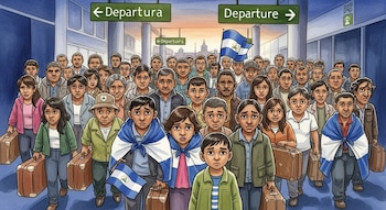 Ilustración de más de cuarenta nicaragüenses de diversas edades y géneros con maletas y banderas en aeropuerto español. Hay señales de salida.