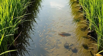 Un canal de agua en un arrozal muestra tallos de arroz, numerosos peces pequeños, un pez grande y varios caracoles en el fondo.