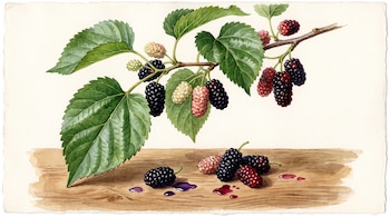 Rama de morera con hojas verdes y moras blancas, rojas y negras, sobre una superficie de madera con frutos sueltos y gotas de jugo.