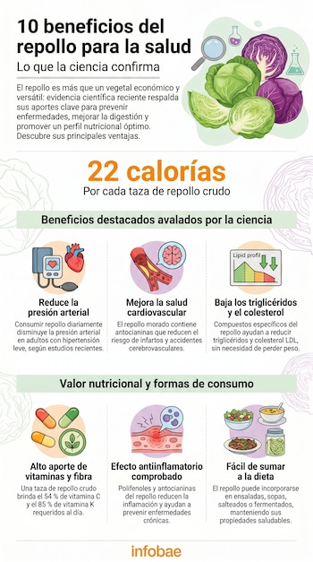 Infografía ilustra 10 beneficios del repollo, con imágenes de repollos verdes y morados, elementos de laboratorio e iconos de salud y alimentación.
