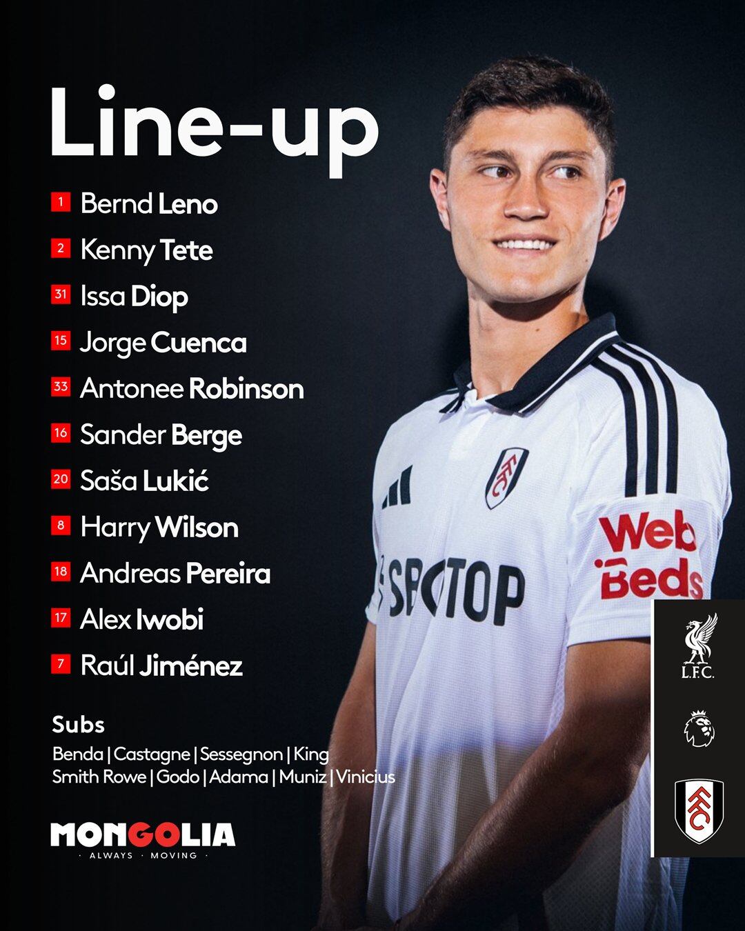 Así saldrá el cuadro visitante en Anfield Road, el mexicano Raúl Jiménez será la ficha en el ataque para los londinenses-crédito @FulhamFC/X