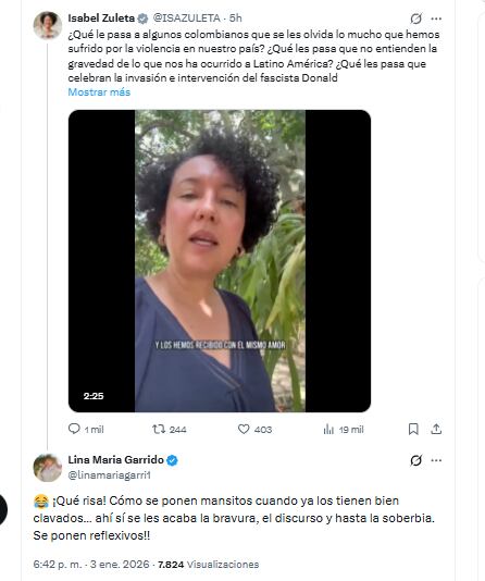 La representante Lina María Garrido se burló de los políticos de izquierda que rechazaron las acciones de Estados Unidos - crédito @linamariagarri1/X