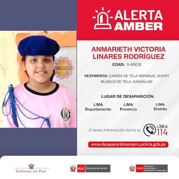 Flyer de Alerta Amber con foto de una niña. Texto: Anmarieth Victoria Linares Rodríguez, 9 años, desaparecida en Lima. Logotipos de Gobierno de Perú y ministerios