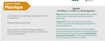 El Esquema 1 aplicará cortes de agua en los días pares de septiembre en barrios de Popular, Manrique, Aranjuez, Villa Hermosa y Buenos Aires - crédito EPM