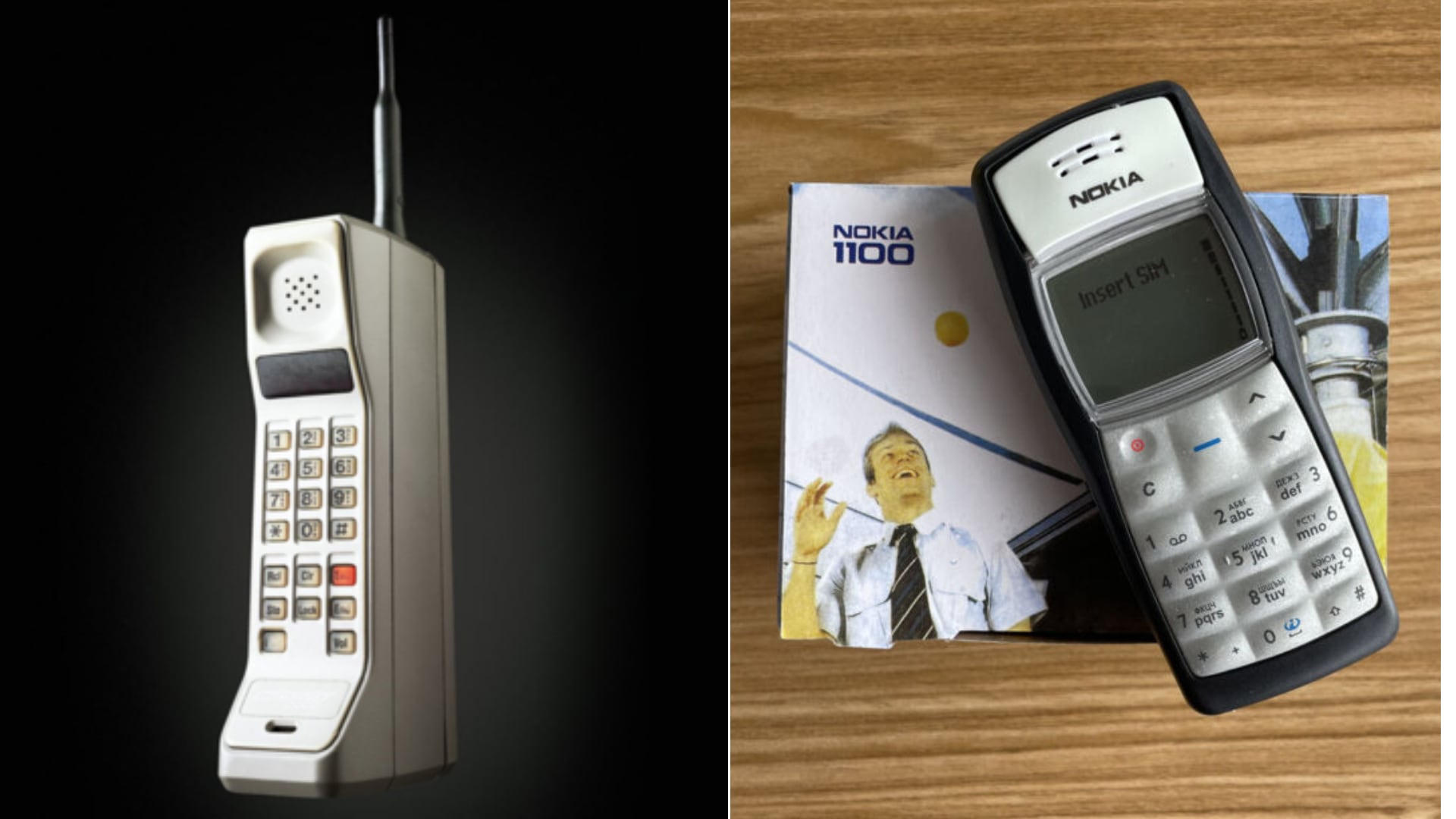 El Motorola DynaTAC 8000X fue el primer celular comercial de la historia. Nokia 1100 uno de los más vendidos de la historia. (Motorola - Nokia)