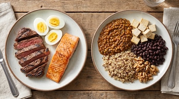 Dos platos sobre una mesa de madera. Uno con carne en rodajas, salmón y huevos duros. El otro con lentejas, tofu, frijoles negros, quinua y nueces.