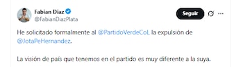 El congresista Fabián Díaz explicó el motivo por el cual solicitó la expulsión de Jota Pe Hernández - crédito @FabianDiazPlata/X