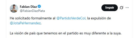 El congresista Fabián Díaz explicó el motivo por el cual solicitó la expulsión de Jota Pe Hernández - crédito @FabianDiazPlata/X