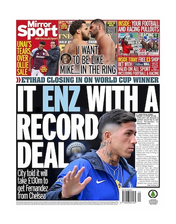 Portada del periódico Mirror Sport con titulares en inglés y una fotografía del futbolista Enzo Fernández con ropa deportiva azul