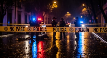 Cinta amarilla de "No Pase Policía" en primer plano. Detrás, siluetas de agentes con luces de patrulla azules y rojas en una calle mojada y oscura.