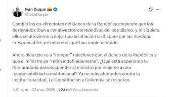 El expresidente Iván Duque rechazó el distanciamiento del Gobierno Petro con el Banco de la República - crédito @IvanDuque/X