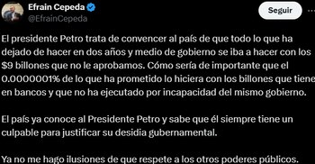 El presidente del Senado rechazó las acusaciones y calificó las palabras de Petro como un intento por desviar la atención de su propio Gobierno - crédito: @EfrainCepeda/X