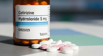 Frasco de cetirizina hidrocloruro 5 mg con número de lote GY825029 y comprimidos redondos, algunos blancos y otros con puntos rojos, sobre una superficie clara.