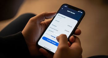 Manos de una persona sosteniendo un teléfono móvil con la pantalla mostrando una aplicación de transferencia bancaria y los detalles de la transacción.