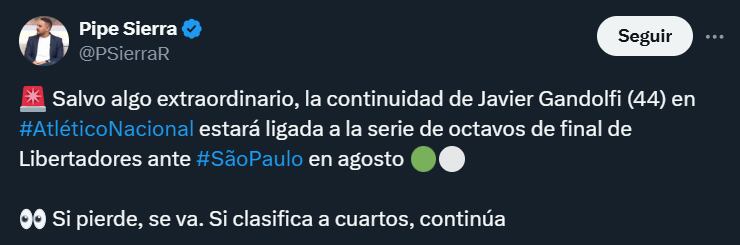 Javier Gandolfi podría no continuar en Atlético Nacional- crédito @PSierraR/X