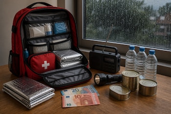 Mochila roja abierta sobre mesa de madera junto a una radio, linterna, botiquín, latas, botellas de agua, manta térmica y billetes de euro.