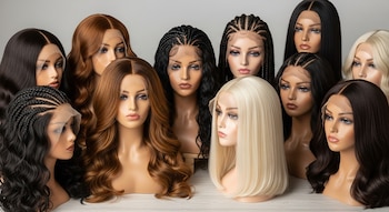 Once cabezas de maniquí muestran pelucas frontales de encaje con cabello castaño, rubio y negro en estilos lacio, ondulado y trenzado, sobre una superficie de madera clara.