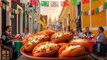 Varios pambazos rellenos en un plato de barro en primer plano, con personas sentadas en mesas decoradas con banderas mexicanas al fondo.
