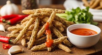 Montón de chauchas fritas y crujientes sobre una tabla de madera, con salsa picante goteando y en un cuenco blanco, rodeado de chiles rojos y ajo.