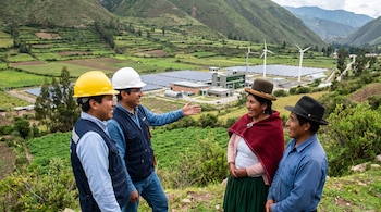 Dos trabajadores con cascos y dos pobladores conversan en un campo. Al fondo, un complejo industrial con paneles solares, aerogeneradores y montañas.