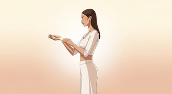 Ilustración de una mujer de perfil con vestimenta blanca, sus manos se encuentran al frente y de la palma izquierda emana una luz dorada.