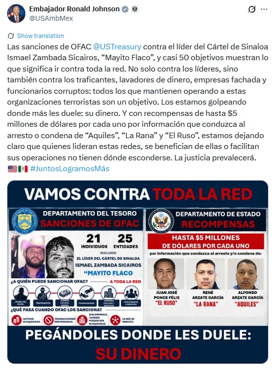 Publicación del embajador Johnson en la red social X. Crédito: X - @USAmbMex