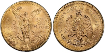 El centenario de oro se acuñó por primera vez en 1921 para conmemorar la consumación de la Independencia de México; contiene 37.5 gramos de oro puro y muestra al Ángel de la Independencia junto a los volcanes Iztaccíhuatl y Popocatépetl. (Crédito: Professional Coin Grading Service)