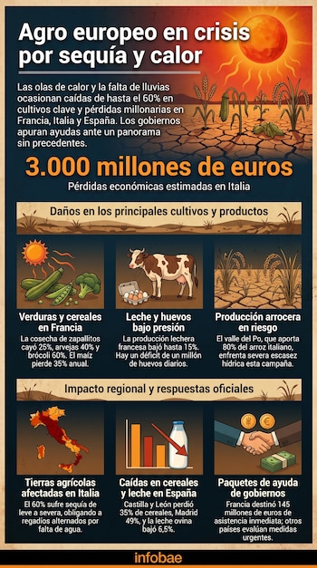 Infografía con sol y tierra agrietada, cultivos secos, vaca, leche, huevos, mapas de Italia y España, gráfico de barras, apretón de manos y billetes de euros.