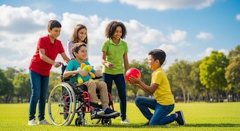 Un niño sonriente en silla de ruedas sostiene un peluche, rodeado por cuatro amigos en un parque. Un niño empuja la silla, mientras otro en el suelo le ofrece una pelota.