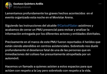 Autoridades de Bogotá refuerzan protocolos de seguridad para eventos masivos tras disturbios - crédito @GAquinteroA / X