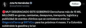 Jota Pe Hernández arremetió contra el Gobierno nacional por la firma de contrato por más de $15.000 millones- crédito @JotaPeHernadez/ X