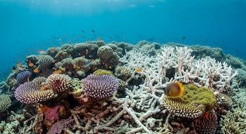 Escena submarina con un arrecife de coral que incluye formaciones vivas de colores variados y extensos corales blanqueados, con bancos de peces nadando.
