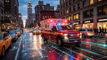 Una ambulancia roja y blanca avanza por una calle de Nueva York con líneas digitales luminosas sobre el asfalto mojado