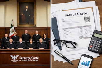 Imagen dividida: a la izquierda, el Pleno de la Suprema Corte de Justicia de la Nación con la bandera mexicana; a la derecha, una factura CFDI con gafas, calculadora y móvil.