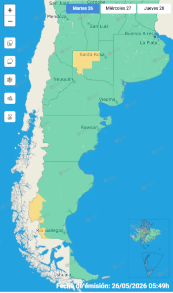 Un mapa meteorológico de Argentina con algunas provincias en amarillo, indicando alerta. Se ven ciudades como Santa Rosa y Río Gallegos. Fecha de emisión: 26/05/2026
