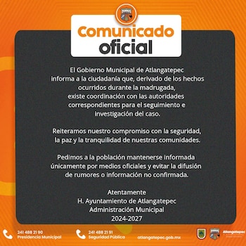 Comunicado del gobierno municipal de Atlangatepec. Crédito: Facebook - Atlangatepec Ayuntamiento 2024-2027