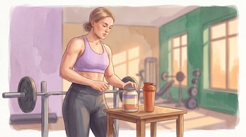 Una mujer en ropa deportiva destapa un frasco sobre una mesa junto a un vaso mezclador y pesas en un gimnasio